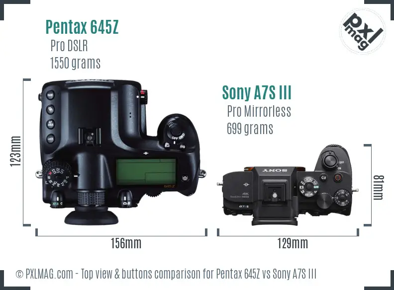 Pentax 645Z vs Sony A7S III top view buttons comparison