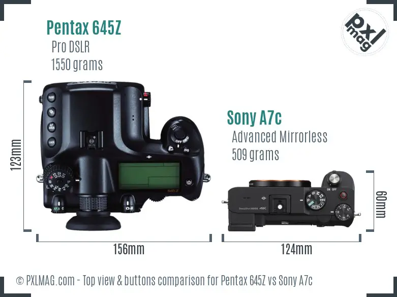 Pentax 645Z vs Sony A7c top view buttons comparison