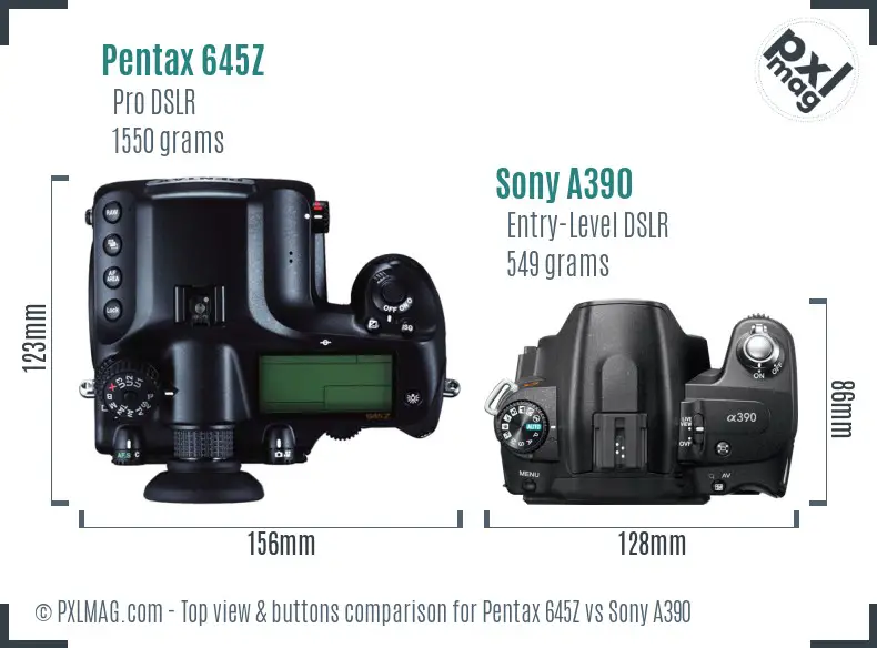 Pentax 645Z vs Sony A390 top view buttons comparison Pentax 645Z vs Sony A390 top view buttons comparison