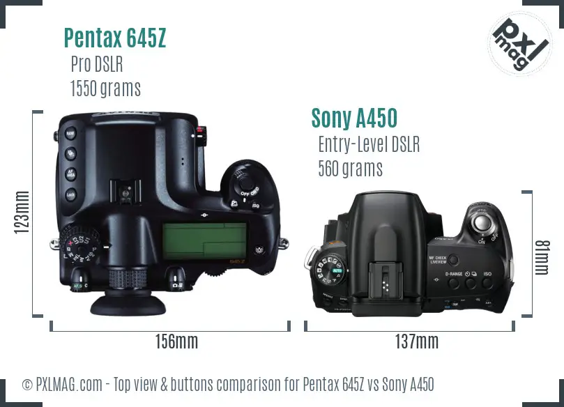 Pentax 645Z vs Sony A450 top view buttons comparison Pentax 645Z vs Sony A450 top view buttons comparison