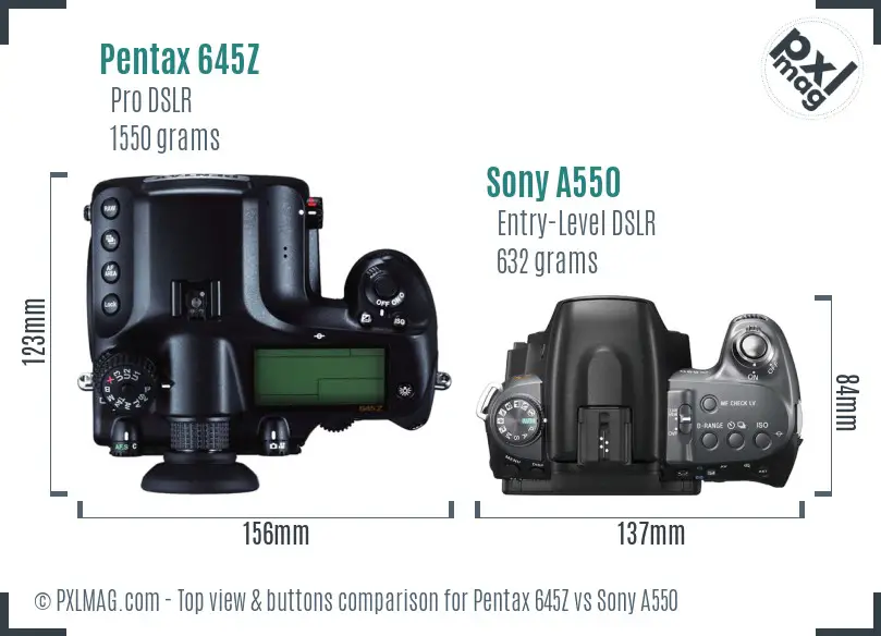 Pentax 645Z vs Sony A550 top view buttons comparison