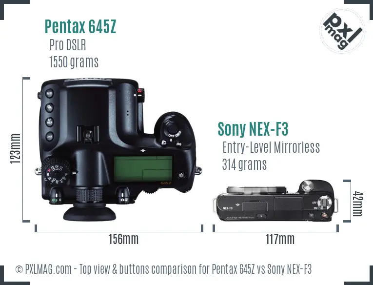Pentax 645Z vs Sony NEX-F3 top view buttons comparison Pentax 645Z vs Sony NEX-F3 top view buttons comparison