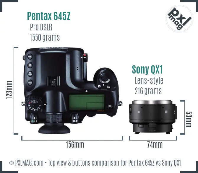 Pentax 645Z vs Sony QX1 top view buttons comparison