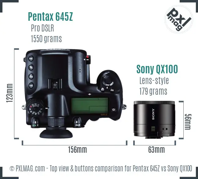 Pentax 645Z vs Sony QX100 top view buttons comparison