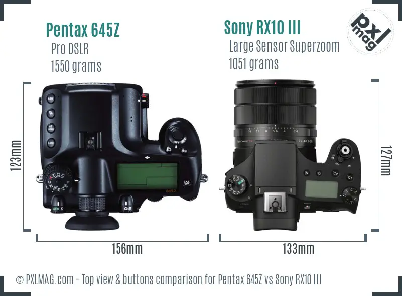 Pentax 645Z vs Sony RX10 III top view buttons comparison