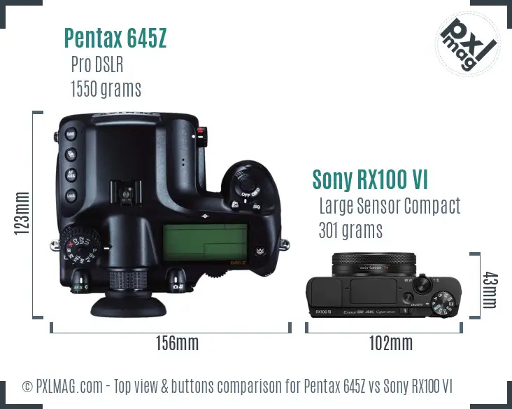 Pentax 645Z vs Sony RX100 VI top view buttons comparison Pentax 645Z vs Sony RX100 VI top view buttons comparison