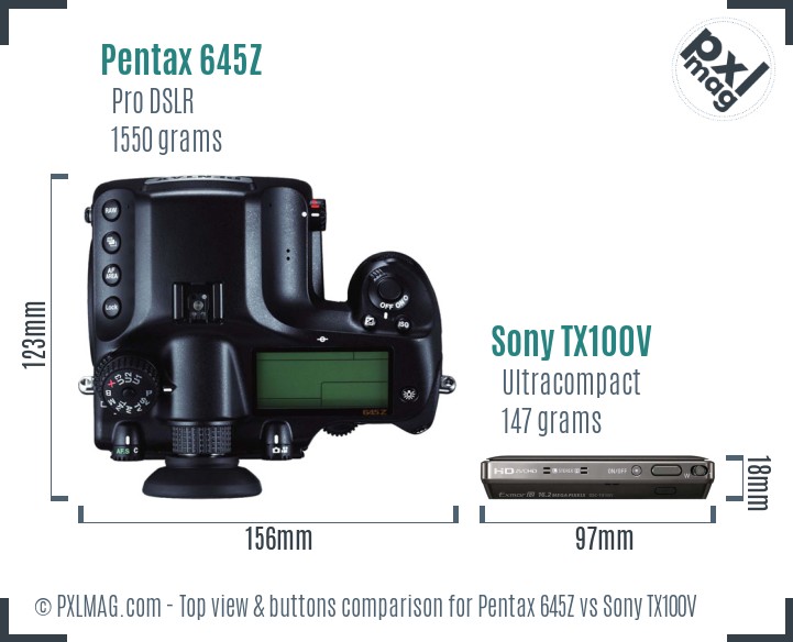 Pentax 645Z vs Sony TX100V top view buttons comparison