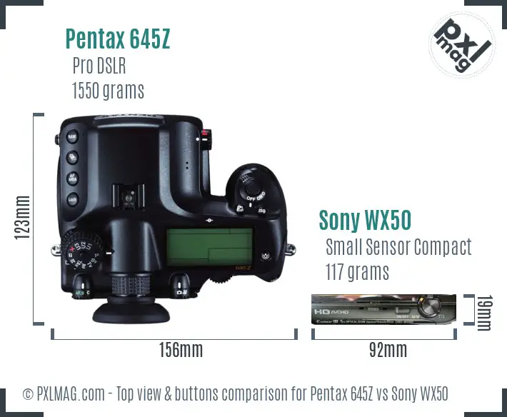Pentax 645Z vs Sony WX50 top view buttons comparison Pentax 645Z vs Sony WX50 top view buttons comparison