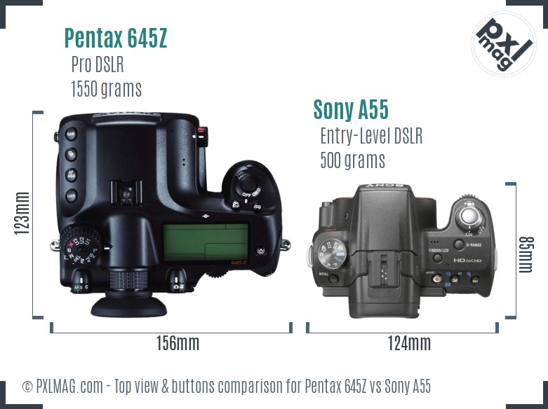 Pentax 645Z vs Sony A55 top view buttons comparison