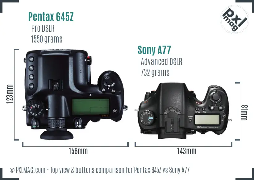 Pentax 645Z vs Sony A77 top view buttons comparison Pentax 645Z vs Sony A77 top view buttons comparison