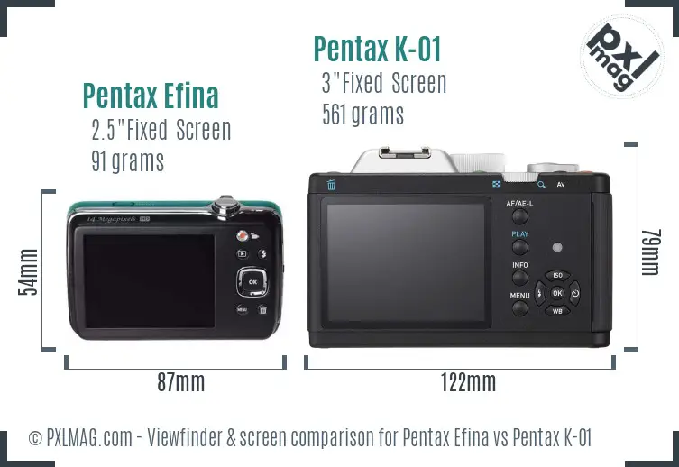 Pentax Efina vs Pentax K-01 Screen and Viewfinder comparison