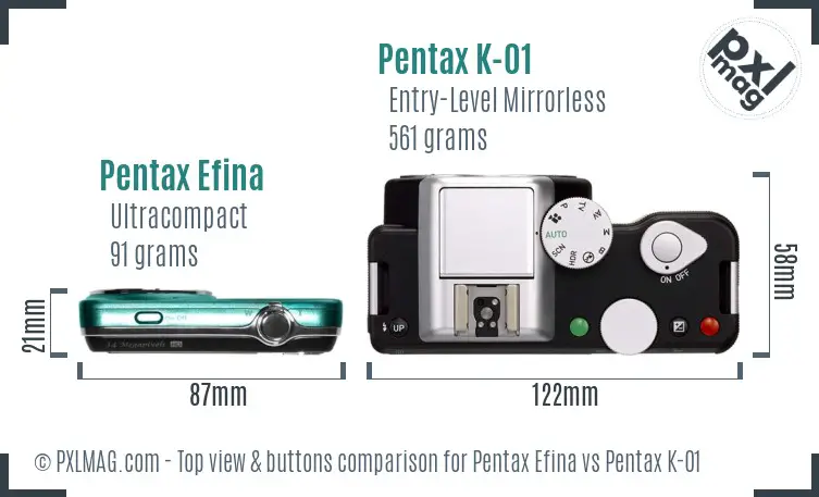 Pentax Efina vs Pentax K-01 top view buttons comparison