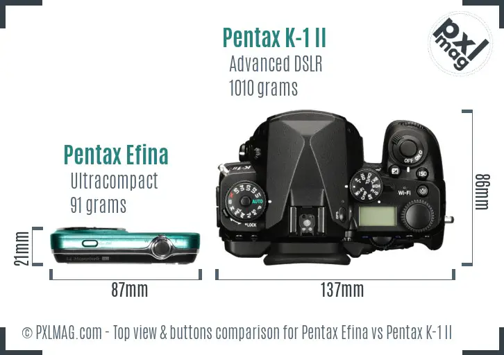 Pentax Efina vs Pentax K-1 II top view buttons comparison