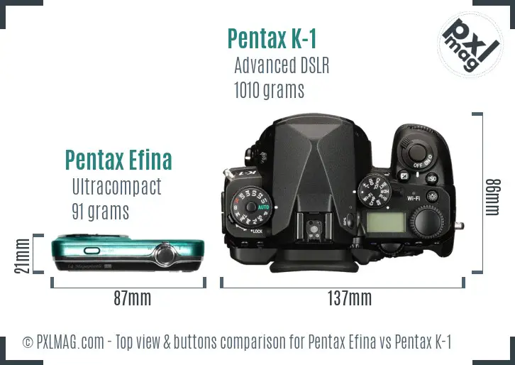 Pentax Efina vs Pentax K-1 top view buttons comparison