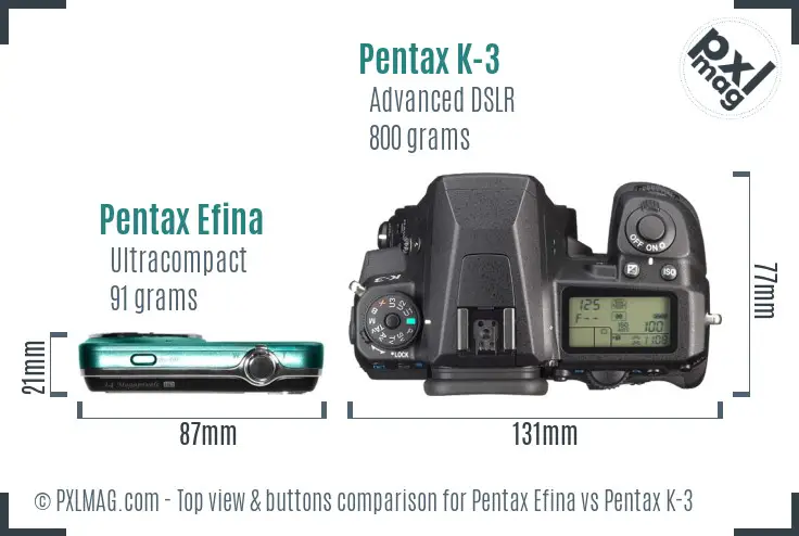 Pentax Efina vs Pentax K-3 top view buttons comparison