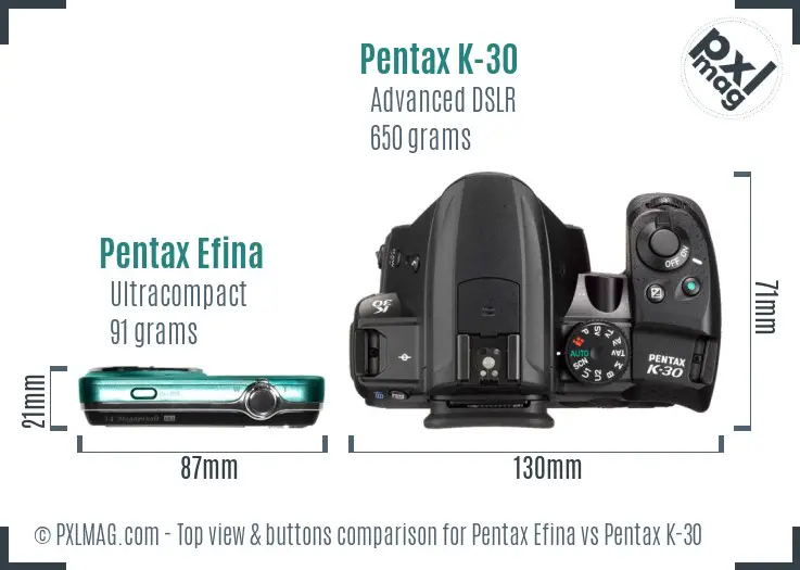 Pentax Efina vs Pentax K-30 top view buttons comparison