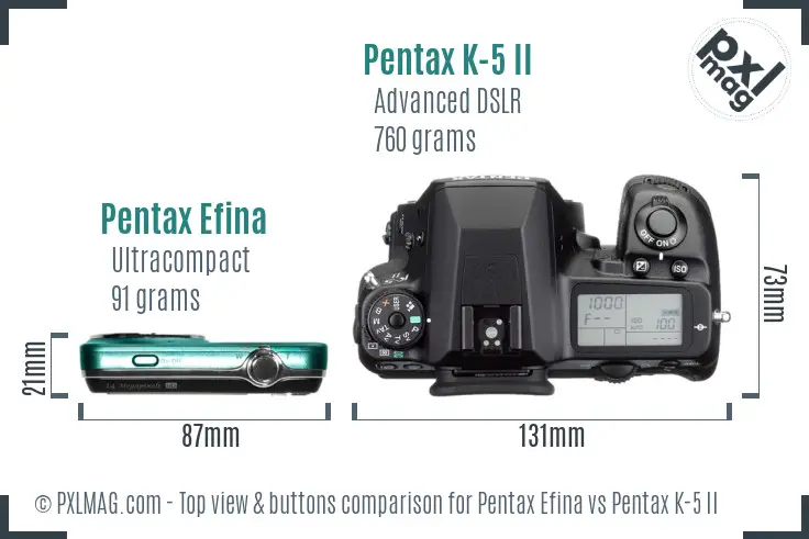 Pentax Efina vs Pentax K-5 II top view buttons comparison