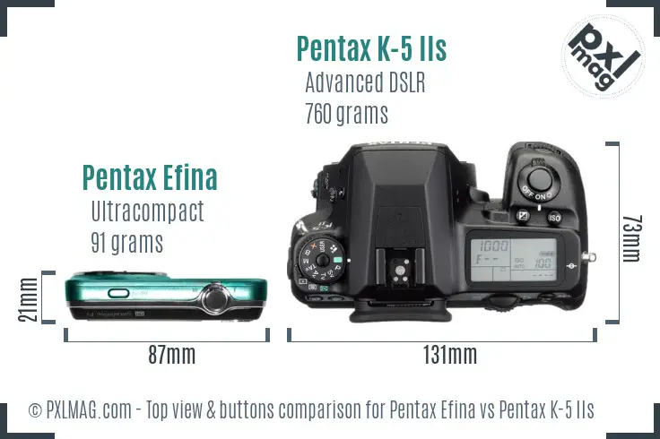Pentax Efina vs Pentax K-5 IIs top view buttons comparison