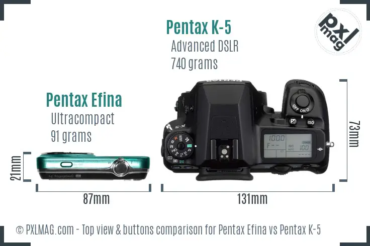 Pentax Efina vs Pentax K-5 top view buttons comparison
