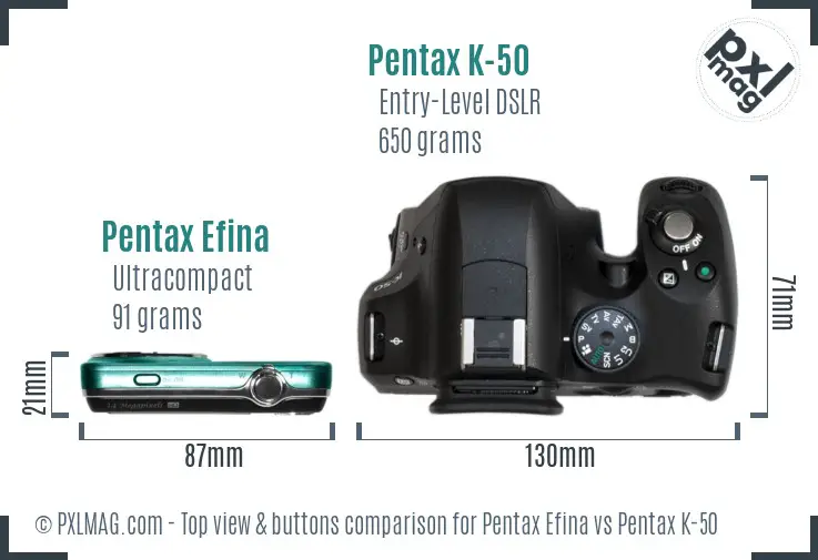 Pentax Efina vs Pentax K-50 top view buttons comparison