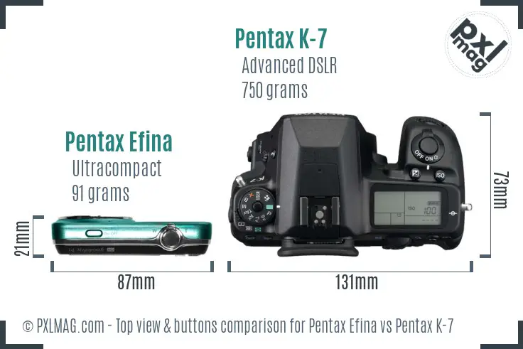 Pentax Efina vs Pentax K-7 top view buttons comparison