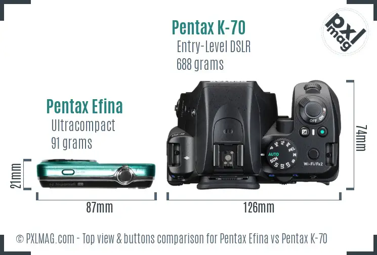 Pentax Efina vs Pentax K-70 top view buttons comparison