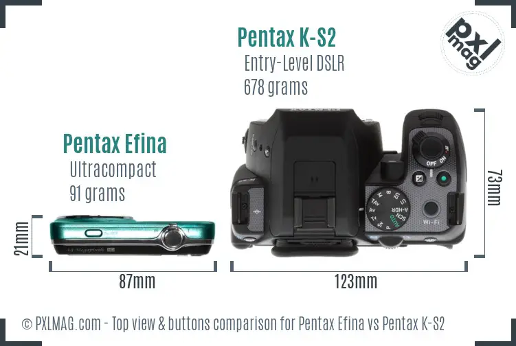 Pentax Efina vs Pentax K-S2 top view buttons comparison