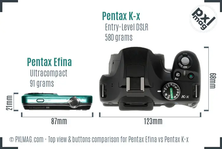 Pentax Efina vs Pentax K-x top view buttons comparison