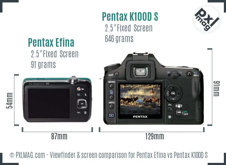 Pentax Efina vs Pentax K100D S Screen and Viewfinder comparison
