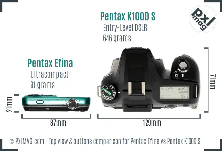 Pentax Efina vs Pentax K100D S top view buttons comparison