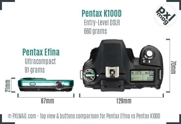 Pentax Efina vs Pentax K100D top view buttons comparison