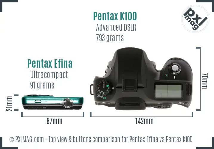 Pentax Efina vs Pentax K10D top view buttons comparison