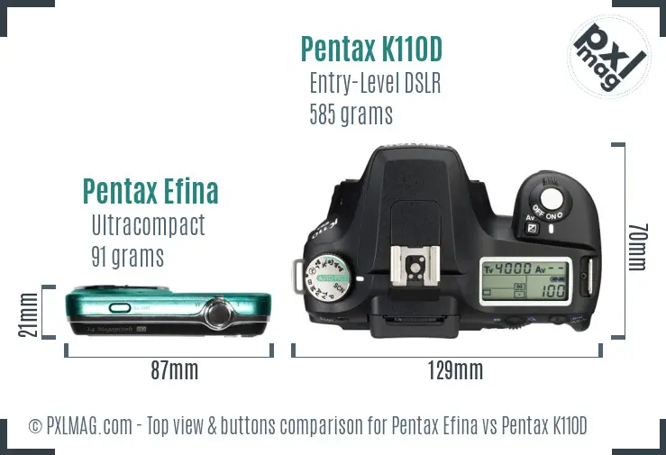 Pentax Efina vs Pentax K110D top view buttons comparison