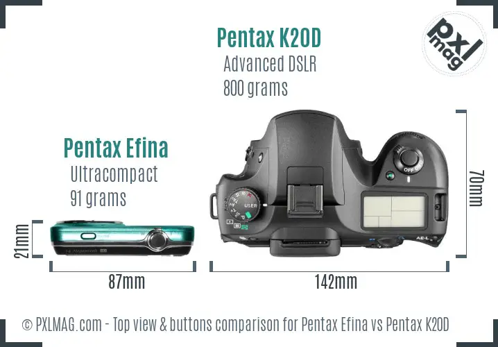 Pentax Efina vs Pentax K20D top view buttons comparison