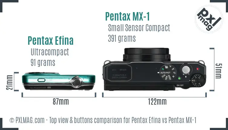 Pentax Efina vs Pentax MX-1 top view buttons comparison