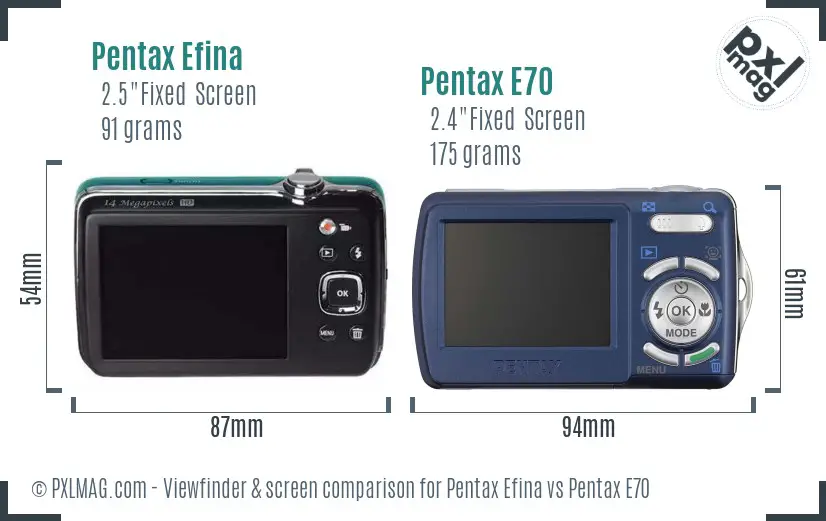 Pentax Efina vs Pentax E70 Screen and Viewfinder comparison