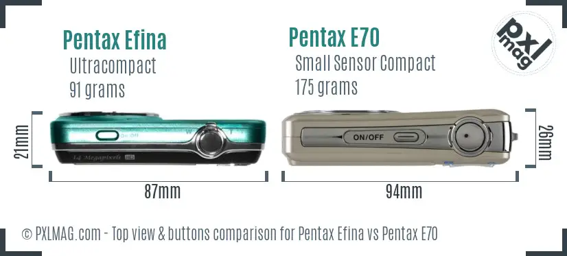 Pentax Efina vs Pentax E70 top view buttons comparison