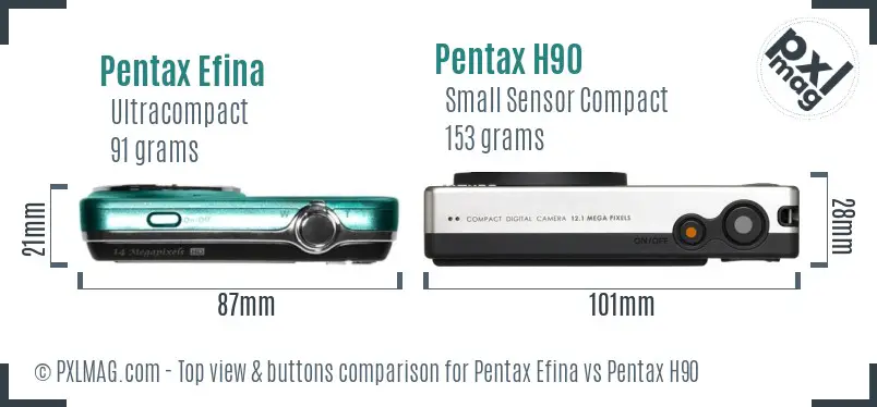 Pentax Efina vs Pentax H90 top view buttons comparison
