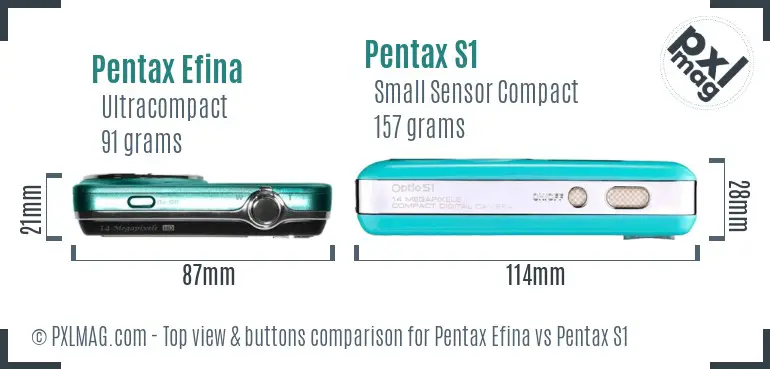 Pentax Efina vs Pentax S1 top view buttons comparison
