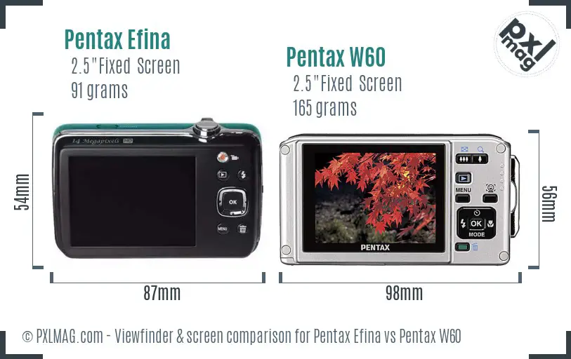 Pentax Efina vs Pentax W60 Screen and Viewfinder comparison