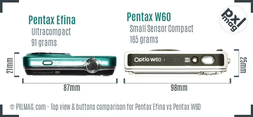 Pentax Efina vs Pentax W60 top view buttons comparison