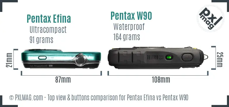 Pentax Efina vs Pentax W90 top view buttons comparison