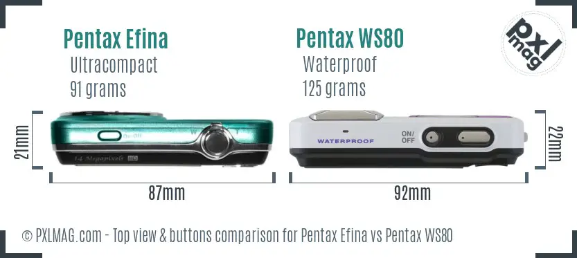 Pentax Efina vs Pentax WS80 top view buttons comparison