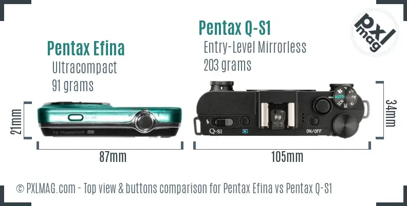 Pentax Efina vs Pentax Q-S1 top view buttons comparison