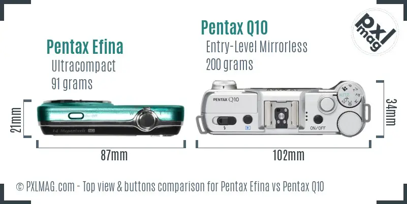 Pentax Efina vs Pentax Q10 top view buttons comparison