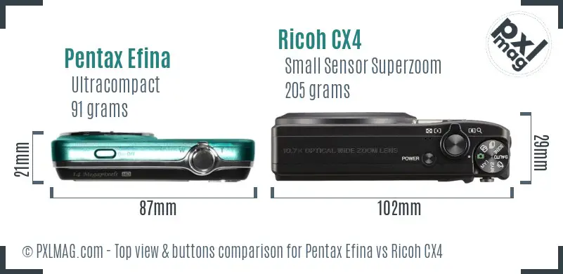 Pentax Efina vs Ricoh CX4 top view buttons comparison