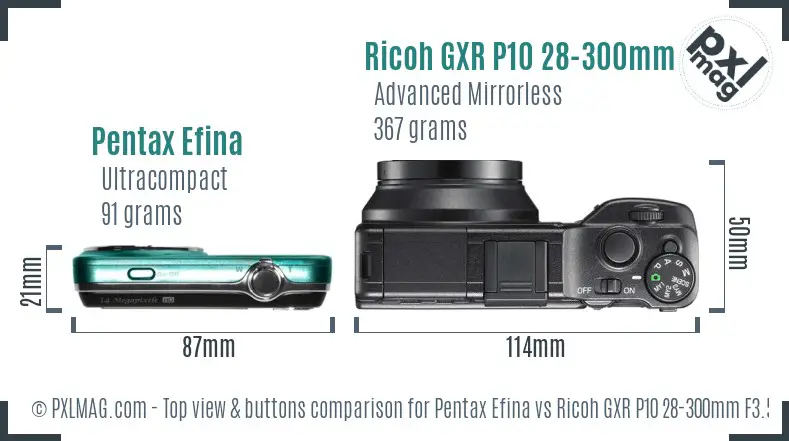 Pentax Efina vs Ricoh GXR P10 28-300mm F3.5-5.6 VC top view buttons comparison