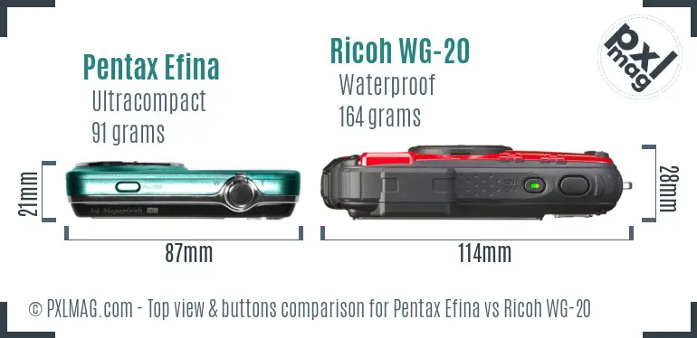 Pentax Efina vs Ricoh WG-20 top view buttons comparison