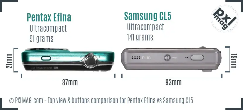 Pentax Efina vs Samsung CL5 top view buttons comparison