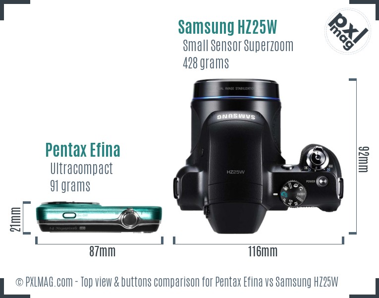 Pentax Efina vs Samsung HZ25W top view buttons comparison